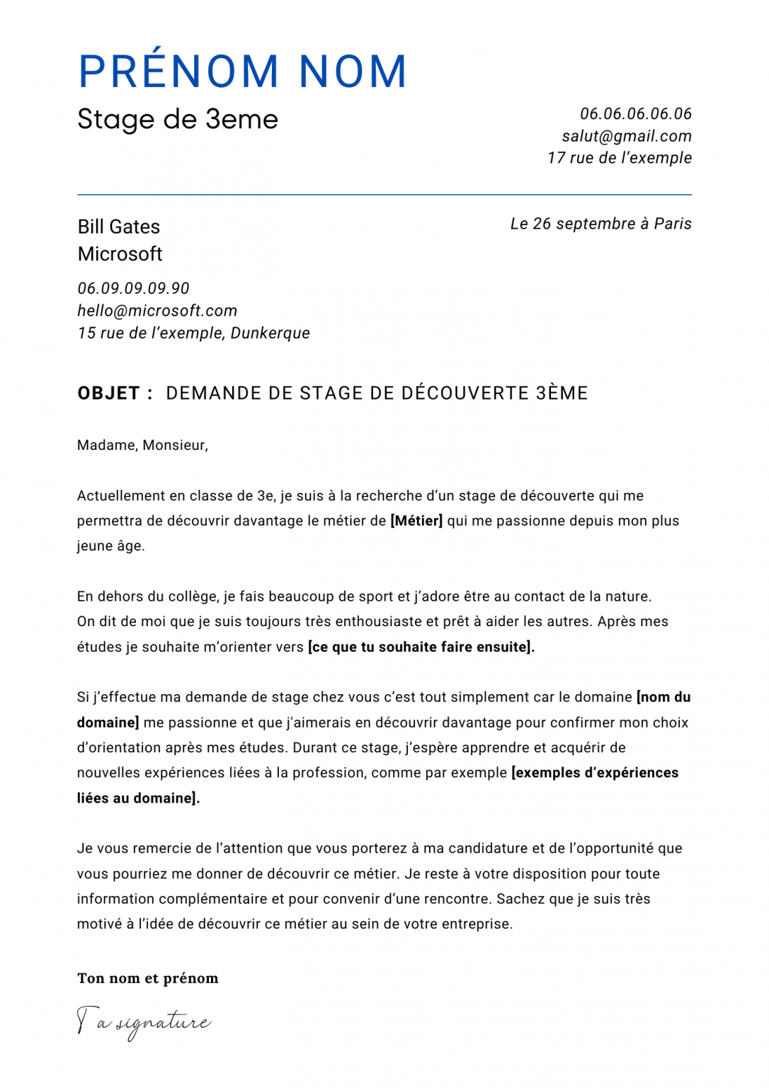 Comment Faire Une Lettre De Motivation Stage 3eme Facile 